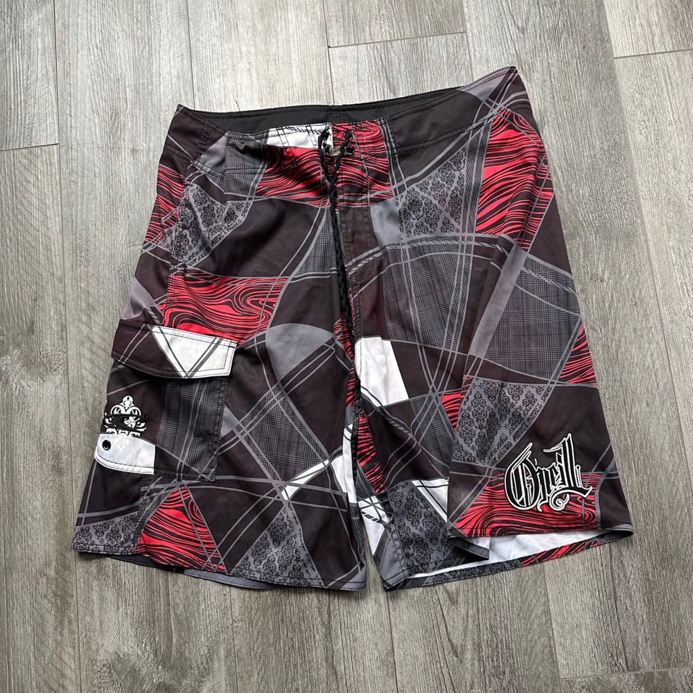 Vintage Y2K O'Neill Red Black Gray Plaid Geometric Cargo Board Shorts Men's 36